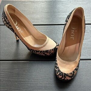 Dior Elegant Black Lace and Nude Satin Heels